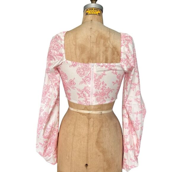 Pink Floral Corset Crop Top with Puff Sleeves Size S - Picture 4 of 4